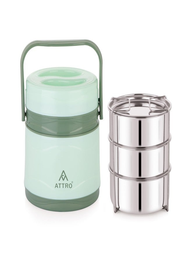 ATTRO Vogue 3 Insulated Stainless Steel Tiffin - 3 Tier Lunch Box with Carry Handle, BPA-Free, Leak-Proof & Durable, Ideal for School, Office, Home, Travel, Picnic & Daily Use - Green - Image 1